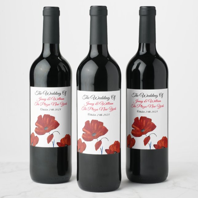 Red Poppies Wedding Wine Label (Bottles)