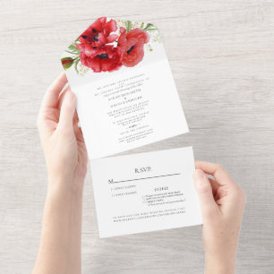 Red Poppies White Two Venue Wedding  All In One Invitation