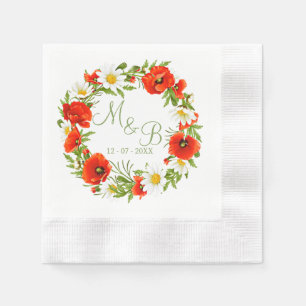 Red Poppies White Yellow Daisies Flower Wreath Napkin