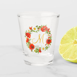 Red Poppies White Yellow Daisies Flower Wreath Shot Glass