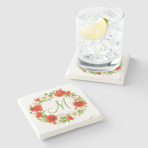 Red Poppies White Yellow Daisies Flower Wreath Stone Coaster