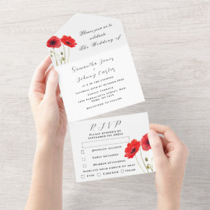 Red Poppies Wildflower Watercolor Floral Wedding A All In One Invitation