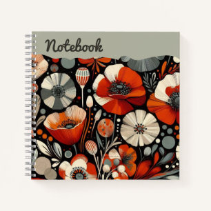 Red Poppies with Ash Gray Accents, Bold Floral Top Notebook