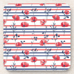 Red Poppies with Blue Leaves and Striped Pattern 2 Coaster