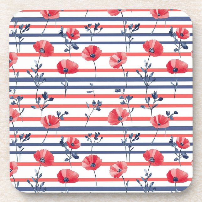 Red Poppies with Blue Leaves and Striped Pattern 2 Coaster (Front)