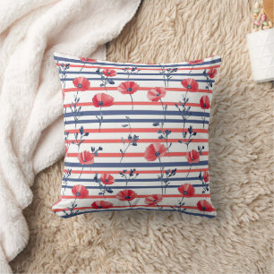 Red Poppies with Blue Leaves and Striped Pattern 2 Cushion