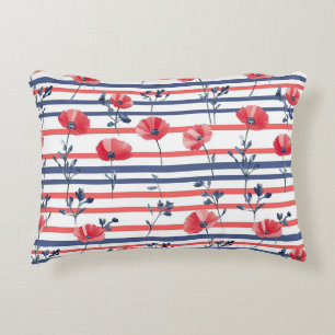 Red Poppies with Blue Leaves and Striped Pattern 2 Decorative Cushion