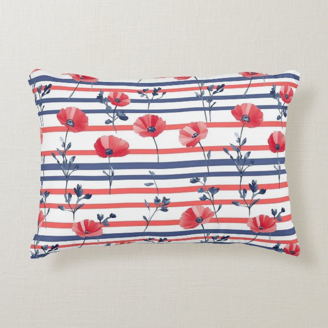Red Poppies with Blue Leaves and Striped Pattern 2 Decorative Cushion (Front)
