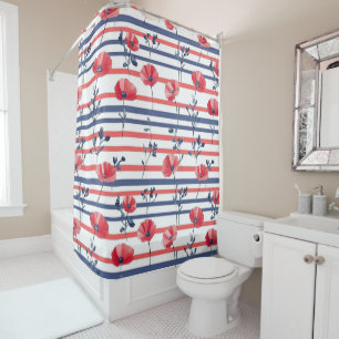 Red Poppies with Blue Leaves and Striped Pattern 2 Shower Curtain