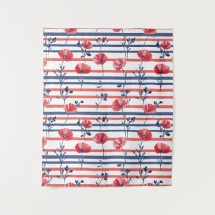 Red Poppies with Blue Leaves and Striped Pattern 2 Tapestry