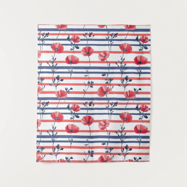 Red Poppies with Blue Leaves and Striped Pattern 2 Tapestry (Front)