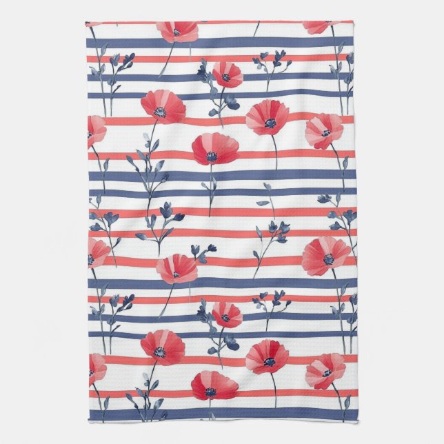 Red Poppies with Blue Leaves and Striped Pattern 2 Tea Towel (Vertical)