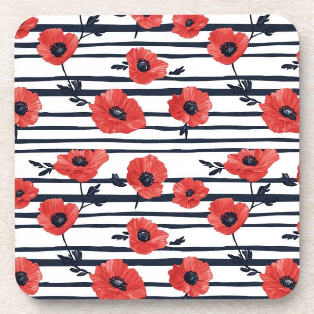 Red Poppies with Blue Leaves and Striped Pattern 3 Coaster (Front)