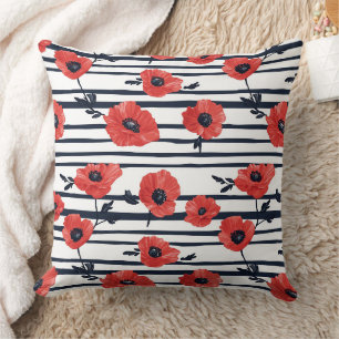 Red Poppies with Blue Leaves and Striped Pattern 3 Cushion