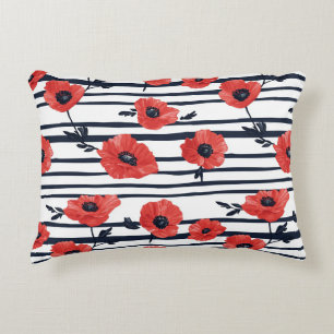 Red Poppies with Blue Leaves and Striped Pattern 3 Decorative Cushion