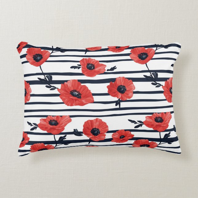 Red Poppies with Blue Leaves and Striped Pattern 3 Decorative Cushion (Front)