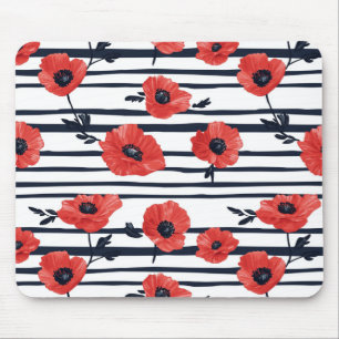 Red Poppies with Blue Leaves and Striped Pattern 3 Mouse Mat