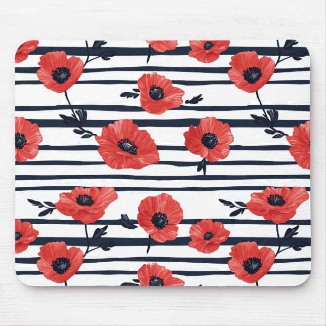 Red Poppies with Blue Leaves and Striped Pattern 3 Mouse Mat (Front)
