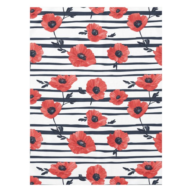 Red Poppies with Blue Leaves and Striped Pattern 3 Tablecloth (Front)