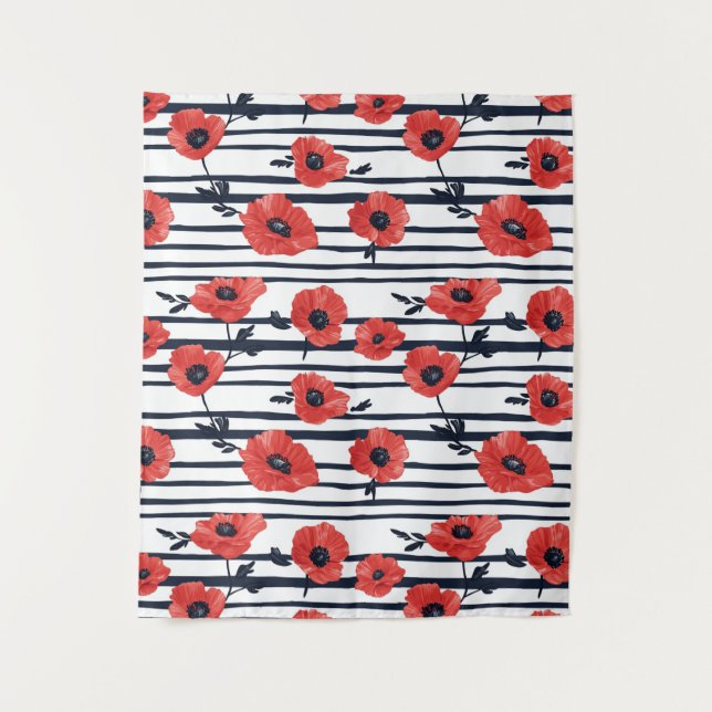Red Poppies with Blue Leaves and Striped Pattern 3 Tapestry (Front)