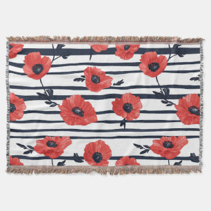 Red Poppies with Blue Leaves and Striped Pattern 3 Throw Blanket