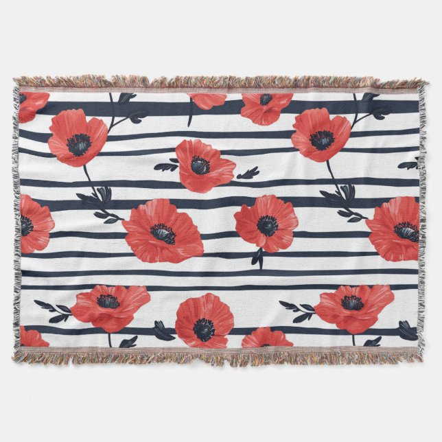 Red Poppies with Blue Leaves and Striped Pattern 3 Throw Blanket (Front)