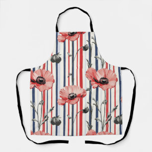 Red Poppies with Blue Leaves and Striped Pattern Apron