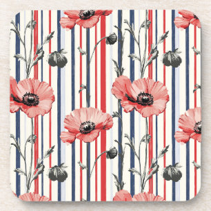 Red Poppies with Blue Leaves and Striped Pattern Coaster