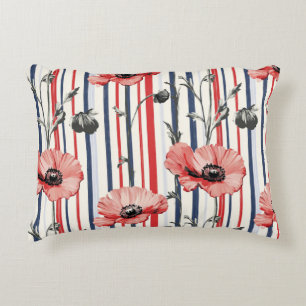 Red Poppies with Blue Leaves and Striped Pattern Decorative Cushion