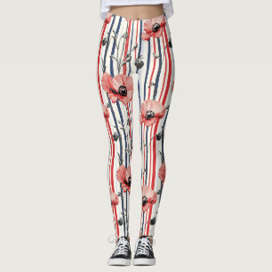 Red Poppies with Blue Leaves and Striped Pattern Leggings
