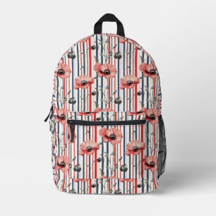 Red Poppies with Blue Leaves and Striped Pattern Printed Backpack