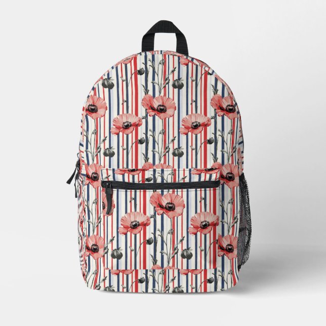 Red Poppies with Blue Leaves and Striped Pattern Printed Backpack (Front)