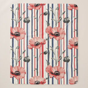 Red Poppies with Blue Leaves and Striped Pattern Sherpa Blanket