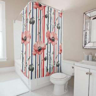 Red Poppies with Blue Leaves and Striped Pattern Shower Curtain