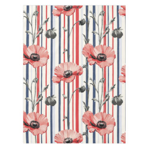 Red Poppies with Blue Leaves and Striped Pattern Tablecloth