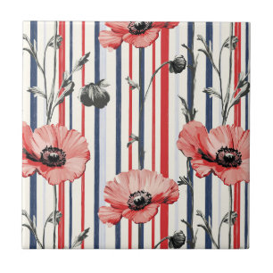 Red Poppies with Blue Leaves and Striped Pattern Tile