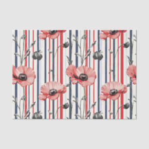 Red Poppies with Blue Leaves and Striped Pattern Tissue Paper