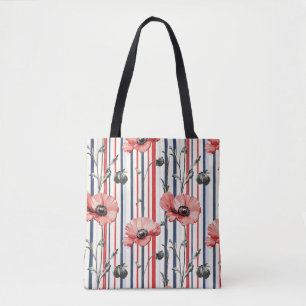 Red Poppies with Blue Leaves and Striped Pattern Tote Bag