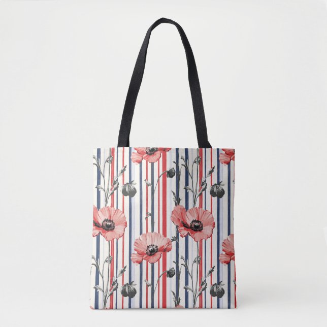 Red Poppies with Blue Leaves and Striped Pattern Tote Bag (Front)