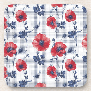 Red Poppies with Blue Leaves on Blue Chequered Coaster