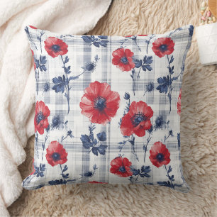 Red Poppies with Blue Leaves on Blue Chequered Cushion