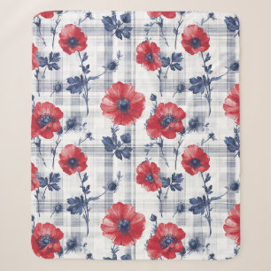 Red Poppies with Blue Leaves on Blue Chequered Sherpa Blanket