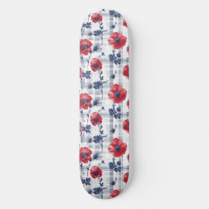 Red Poppies with Blue Leaves on Blue Chequered Skateboard