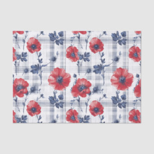 Red Poppies with Blue Leaves on Blue Chequered Tissue Paper