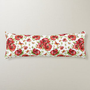 Red Poppies with Green Foliage on White Background Body Cushion