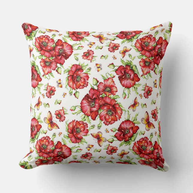 Red Poppies with Green Foliage on White Background Cushion (Front)