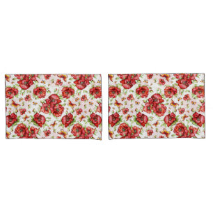 Red Poppies with Green Foliage on White Background Pillowcase