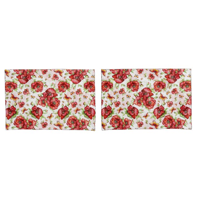 Red Poppies with Green Foliage on White Background Pillowcase (Front-Set)