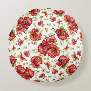 Red Poppies with Green Foliage on White Background Round Cushion