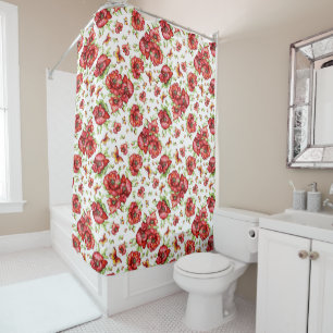 Red Poppies with Green Foliage on White Background Shower Curtain